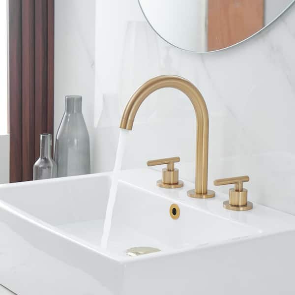 8 in. Widespread 2-Handle High-Arc Bathroom Faucet with Drain in Brushed Gold