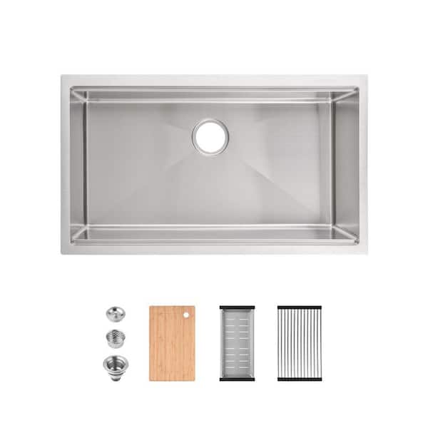 33 in. Undermount Singel Bowl 20 Gauge Brushed Nickel Stainless Steel Kitchen Sink with Cutting Board, Colander