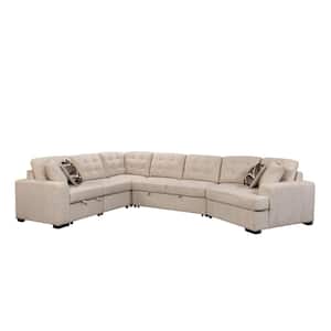 149 in. U-Shape Polyester Sectional Sofa in Beige with Pull-Out Bed, Extra Wide Chaise