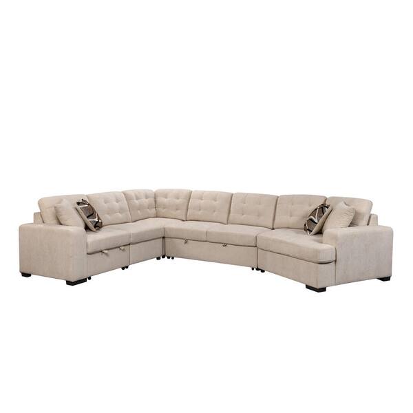 sumyeg 149 in. U-Shape Polyester Sectional Sofa in Beige with Pull-Out Bed, Extra Wide Chaise
