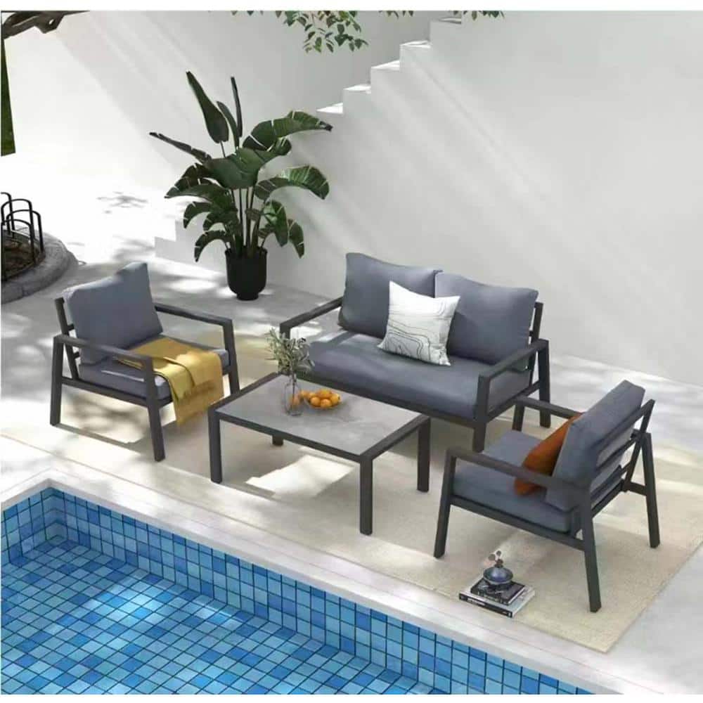 4-Piece Black Metal Patio Conversation Set with Gray Removable Cushions, Te