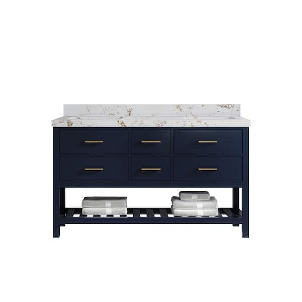 Willow Collections Parker 60 in. Double Sink Freestanding Navy Blue Bath Vanity with Viola Gold Quartz Top Unassembled