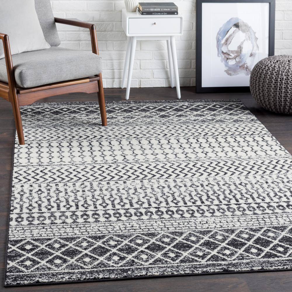 Black and White 5' x 7' Moroccan Pattern Synthetic Area Rug