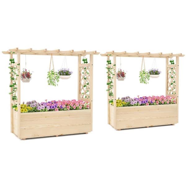 2PCS Natural 36 in. Wooden Raised Garden Bed/ Lattice Trellises Hanging Roof Drainage Outdoor