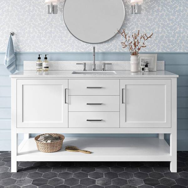 ARIEL Bayhill 61 in. W x 22 in. D x 35.25 in. H Freestanding Bath Vanity in White with Carrara White Marble Top