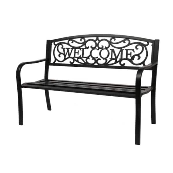 50 in. Outdoor Metal Bench w/ Welcome Pattern PVC Backrest 2-Person Black Weatherproof Patio Bench for Deck Porch Garden