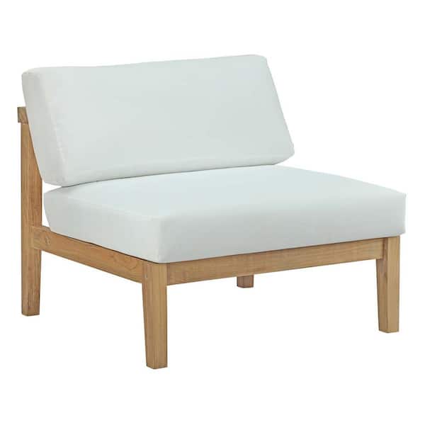 MODWAY Bayport Patio Teak Outdoor Armless Lounge Chair in Natural with White Cushions
