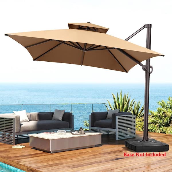 Pellebant 10 ft. x 12.5 ft. Oversized Heavy Duty Aluminum Outdoor Umbrella 360° Rotation Cantilever Patio Umbrella in Tan, No Base