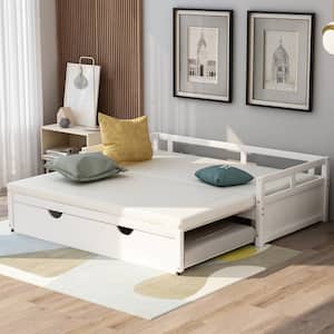 White Twin to King Extendable Wood Daybed with Trundle, Sturdy Wood Extendable Sofa Bed Daybed Frame