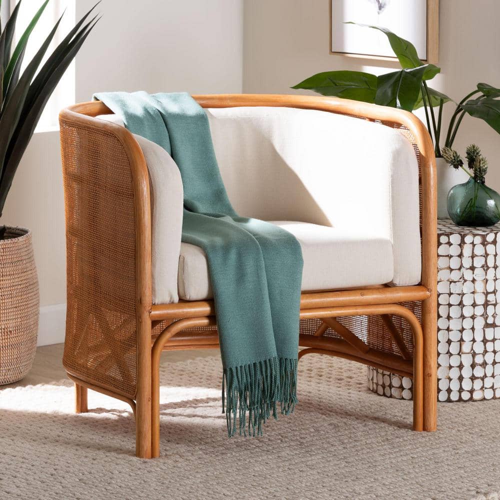 Handcrafted White and Honey Rattan Geometric Accent Chair