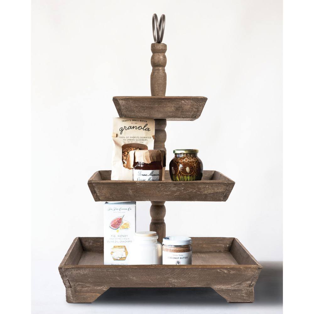 Brown Wooden 3-Tier Decorative Tray