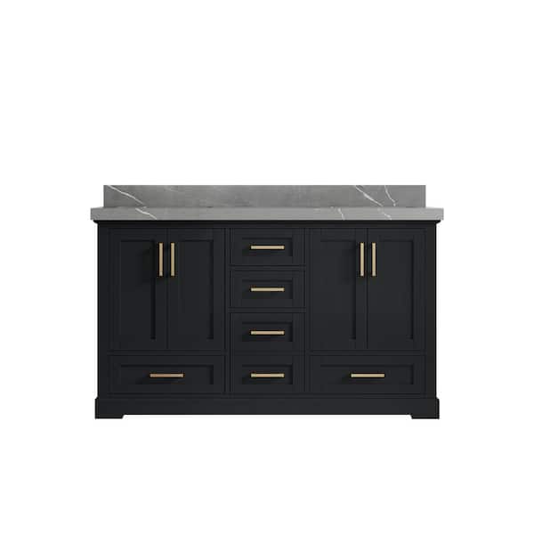 Willow Collections Boston 60 in. Double Sink Freestanding Wrought Iron Bath Vanity with Piatra Gray Qt. Top Unassembled