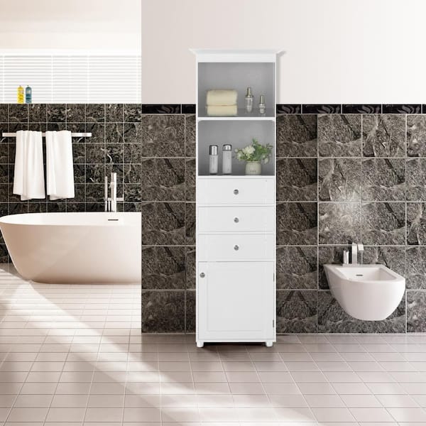 Storage Organizer Linen Tower, Vanity Closet, Bathroom Cabinet with 2-Open shelves, 3-Drawers, and a Closet, White