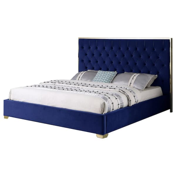 Best Master Furniture Demarcus Blue/Gold King Velour Upholstered Bed