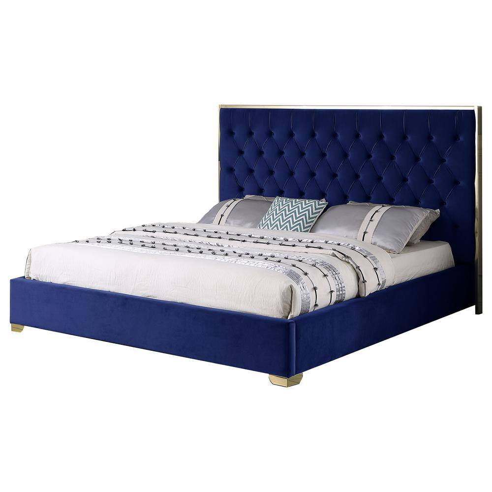 Blue Velvet Tufted Queen Platform Bed with Gold Accents