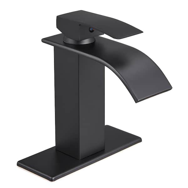 Heemli Waterfall Single Hole Single-Handle Low-Arc Bathroom Faucet with Supply Line and Deckplate in Matte Black