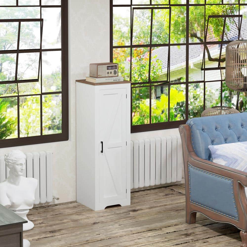 White Farmhouse Storage Cabinet with Adjustable Shelving and Barn Door