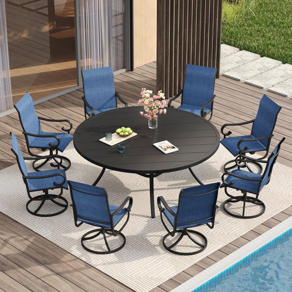 9-Piece Outdoor Patio Dining Set with 60 in. Black Metal Round Table and 8-Blue Textilene Swivel Chairs price history on PriceWatchPro