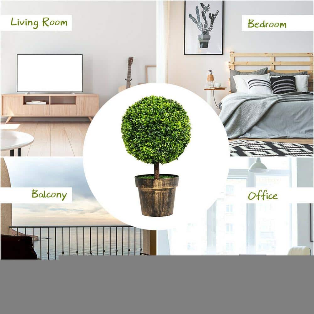22" Green Artificial Boxwood Topiary Trees in Bronze Cement Pots, Set of 2