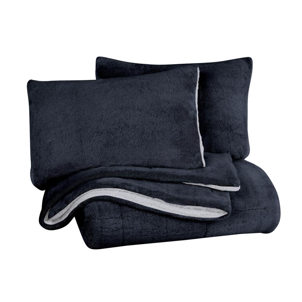 Navy King Reversible Faux Fur Comforter Set with Sherpa