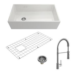 Contempo White Fireclay 36 in. Single Bowl Farmhouse Apron Front Kitchen Sink withFaucet