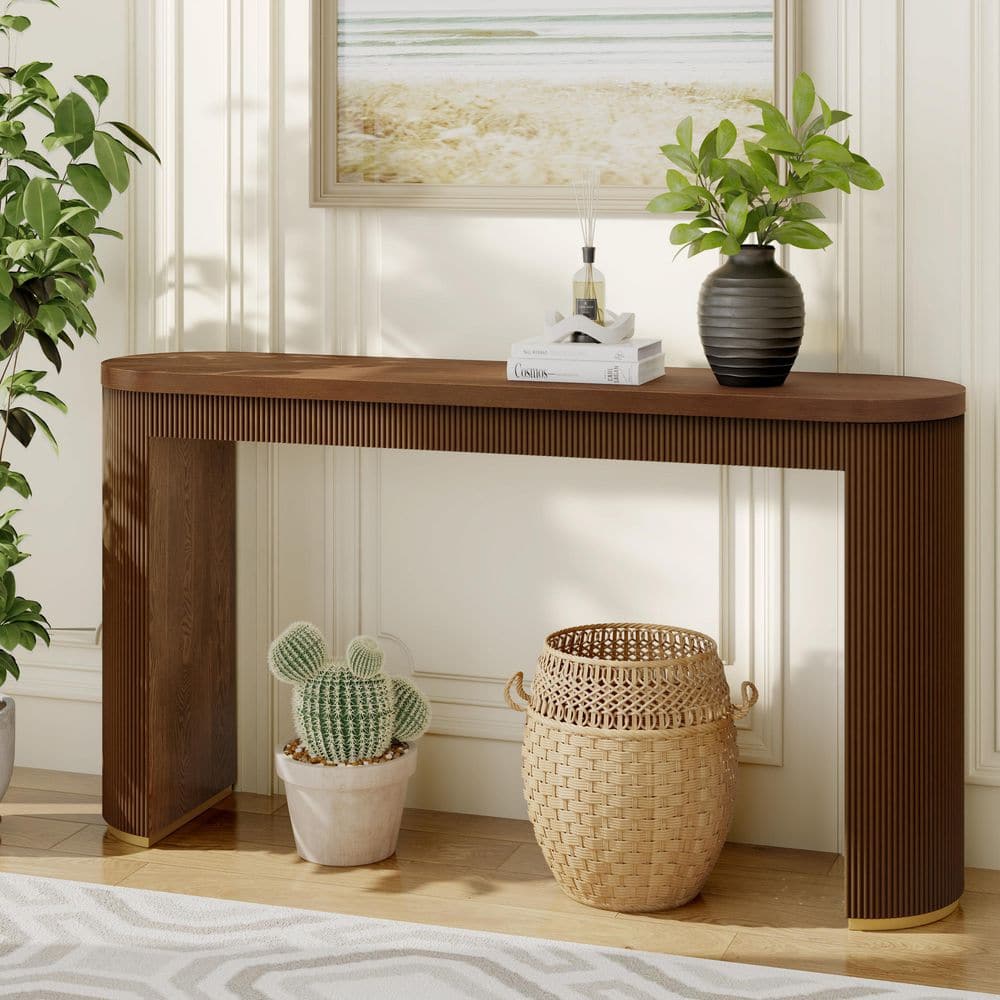 64 in. Walnut Oval Wood Top Console Table, Multi-Functional Counter Height Dining Table for Dining Room, Living Room