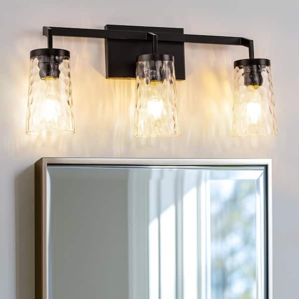 YANSUN 22 in. 3-Light Black Industrial Bell Vanity Light for Bathroom Mirror with Water Glass Shades