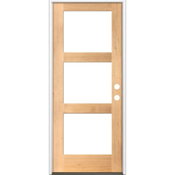 Krosswood Doors 32 in. x 96 in. Modern Hemlock Left-Hand/Inswing 3-Lite Clear Glass Clear Stain Wood Prehung Front Door