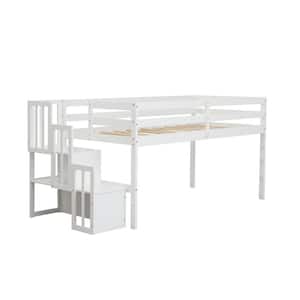 White Twin Low Loft Bed with 2 Compartments Stair Case, Storage, Safety Guard Rail, for Children / Kids Bedroom