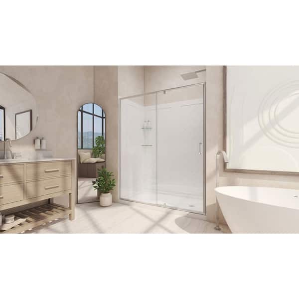 Flex 60 in. x 72 in. Semi-Frameless Pivot Shower Door in Brushed Nickel with 60 in. x 36 in. Base and Wall in White