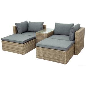 Brown 5-Piece Wicker Rattan Outdoor Patio Sectional Sofa Set with Gray Cushion