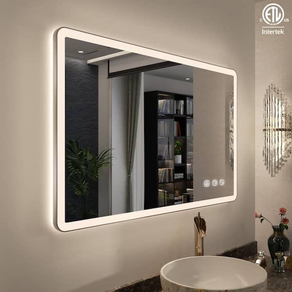 48 in. W x 30 in. H Rectangular Framed Wall Bathroom Vanity LED Mirror with Backlit and Front Light in Brushed Nichel