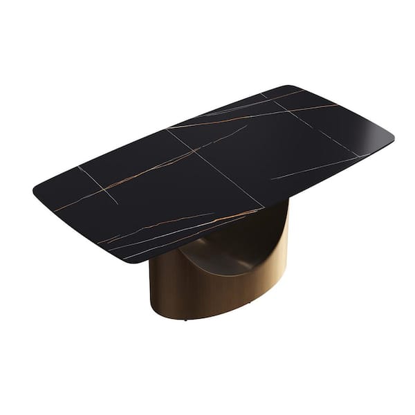 70.87 in. Black Sintered Stone Rectangle Top Pedestal Bronze Carbon Steel Legs Dining Table (Seats 6)