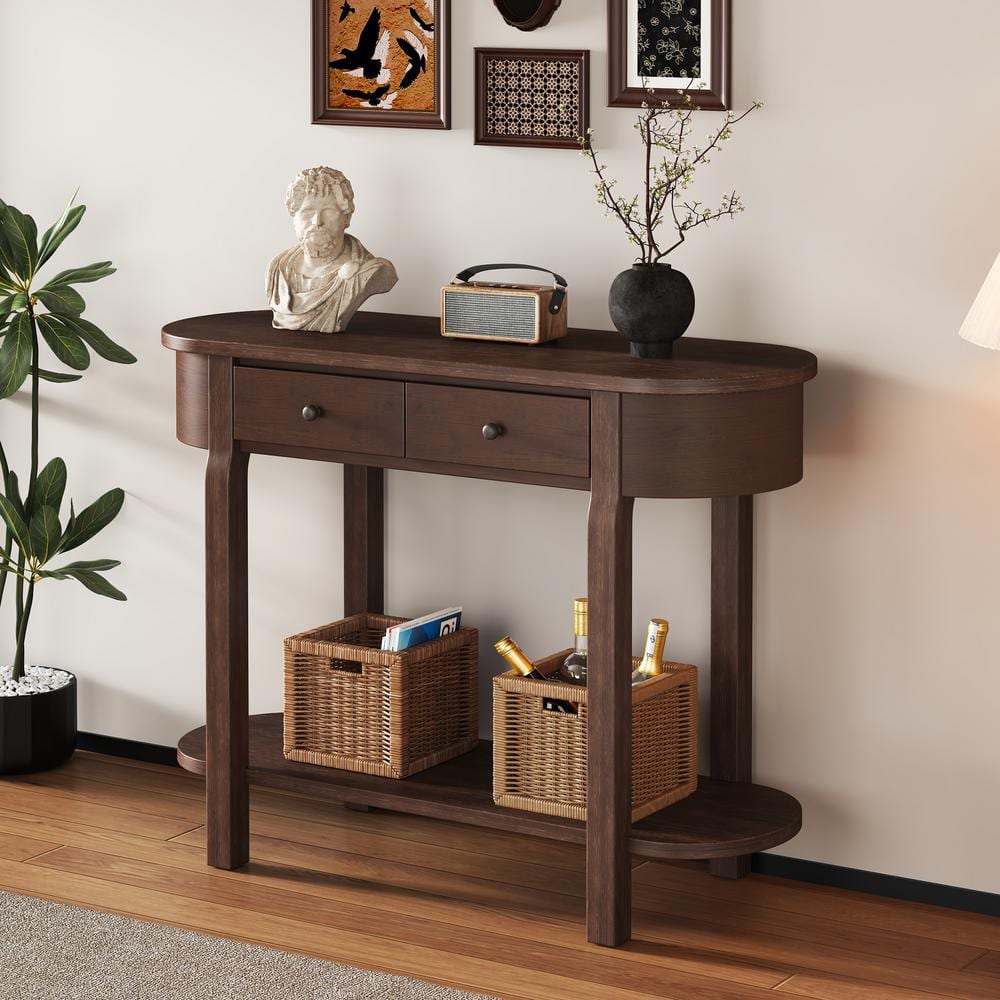 Harper & Bright Designs 40 in. Espresso Oval Wood Console Table with ...