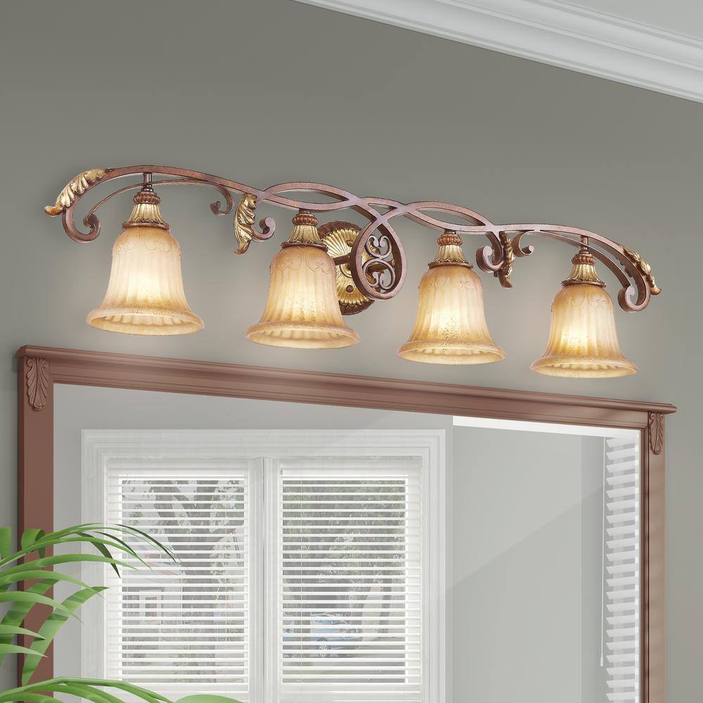 Verona Bronze & Aged Gold Leaf 4-Light Vanity with Rustic Art Glass