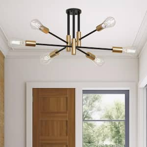 32.7 in.6-Light Black Semi- Flush Mount with Aged Brass Socket Cups and No Bulb Included (1-Pack)