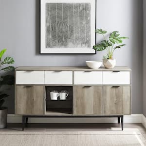Faux White Marble and Grey Wash Wood Sideboard with Adjustable Glass Shelf