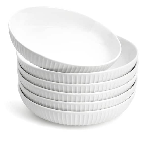 24 fl. oz. White Ceramic Shallow Pasta and Salad Bowls Set of 6, Microwave and Dishwasher Safe