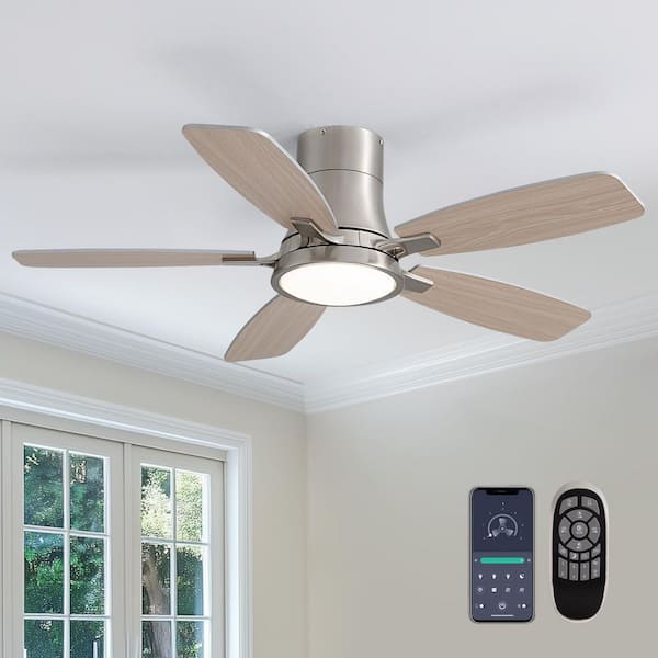 42 in. Industrial Indoor Nickel Flush Mount Standard Ceiling Fan with Dimmable LED Light and Remote Included