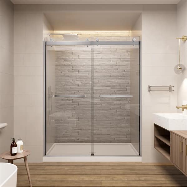 56-60 in. W x 74 in. H Sliding Frameless Shower Door in Brushed Nickel with 5/16 in. Clear Tempered Nano-Coated Glass