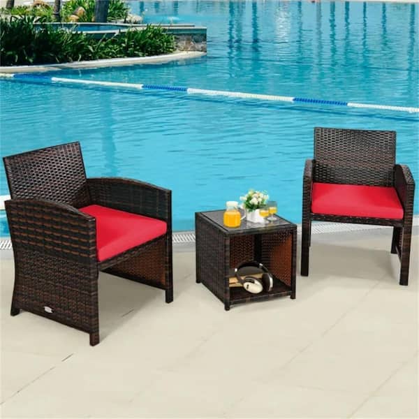 Red 3-Piece Wicker Outdoor Lounge Chair without Sunshade with Red Cushion