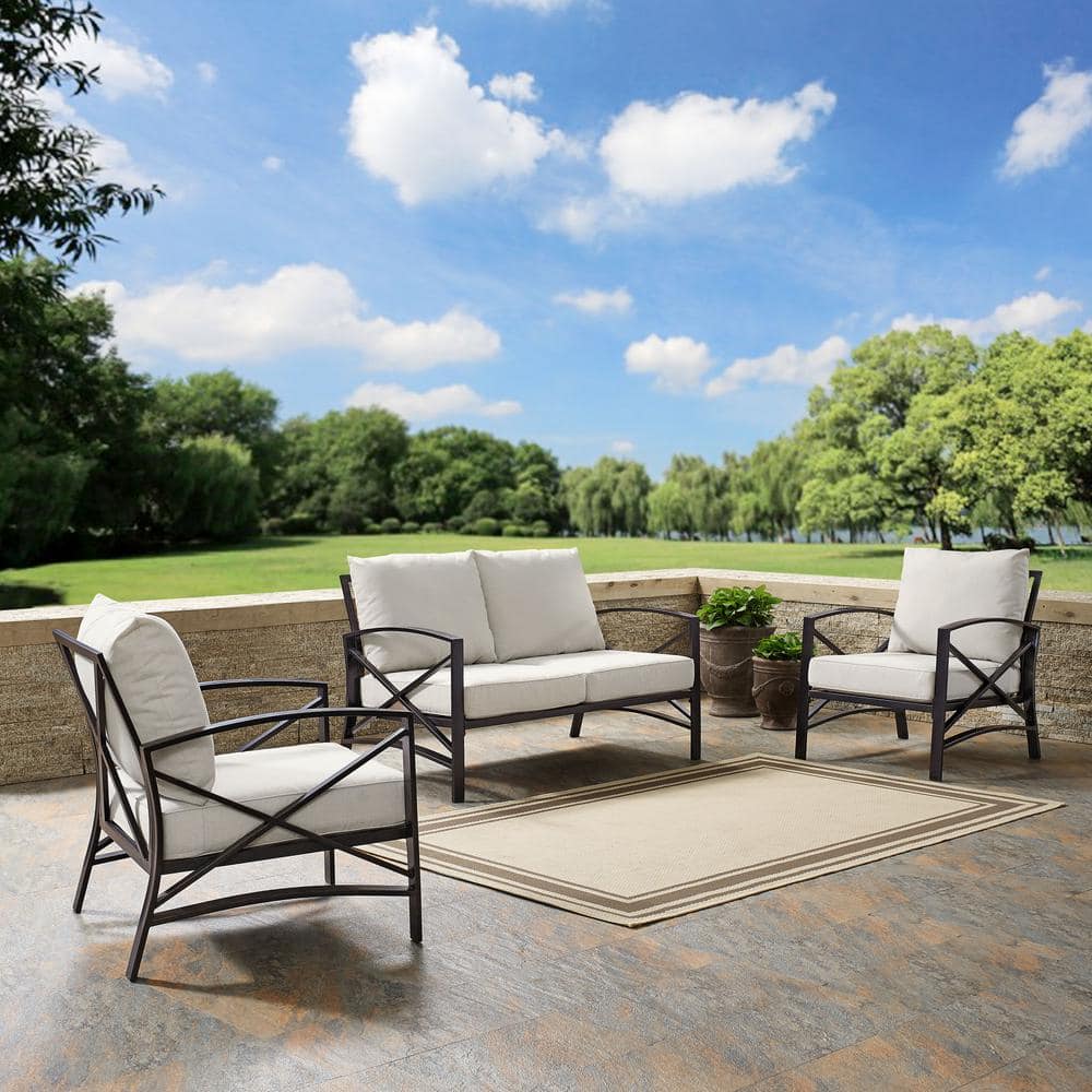 Kaplan 3-Piece Steel Outdoor Seating Set with Oatmeal Cushions