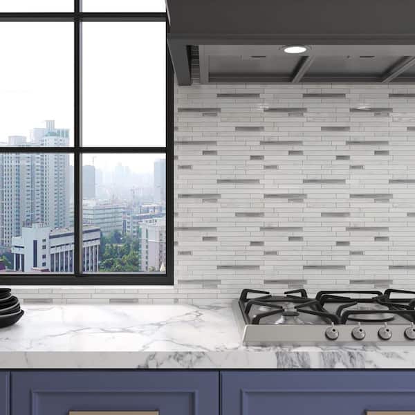 12 in. x 12 in. White with Metallic Silver Peel and Stick Wall Tile, Vinyl Backsplash for Kitchen (10-Pack)