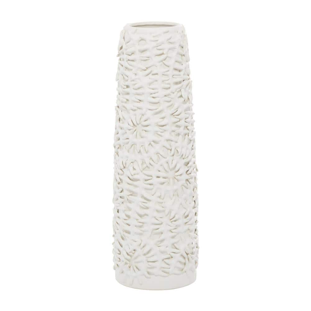 Contemporary Matte White Ceramic Cylinder Vase with Pine Leaf Pattern