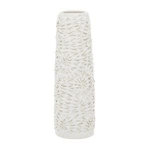 17 in. White Embossed Ceramic Floral Decorative Vase