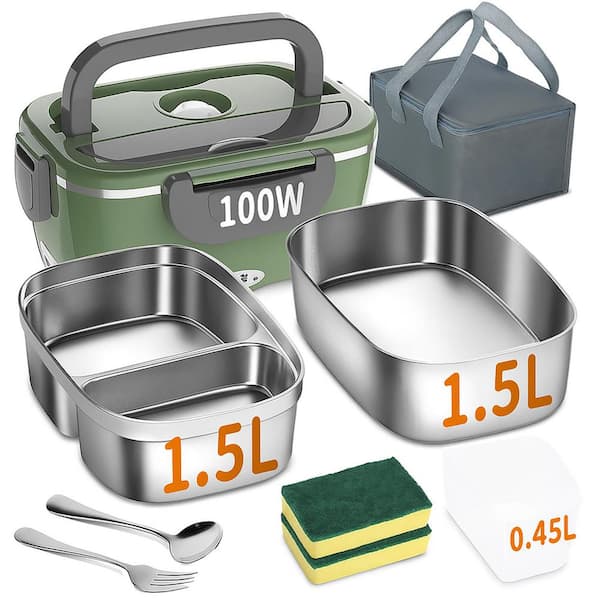 Electric Heated Lunch Box with 2 Containers, 1.5L Capacity, 100W Fast Heating for Office, Car, Truck, Home, Travel