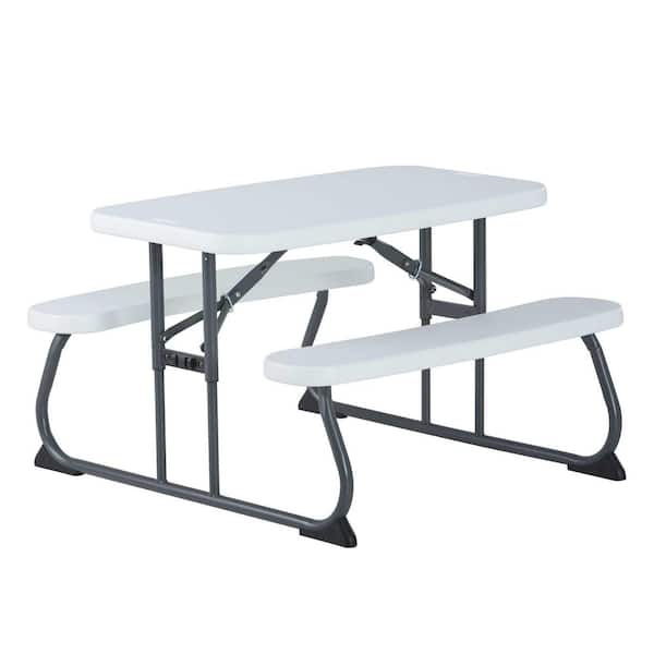 Childrens Folding 32.5 in. White Granite Rectangle Powder Coated Steel Picnic Table Seats 4
