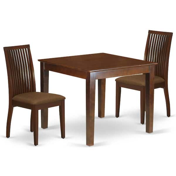 East West Furniture 3-Piece Mahogany Finish Square Solid Wood Top Dining Table Set