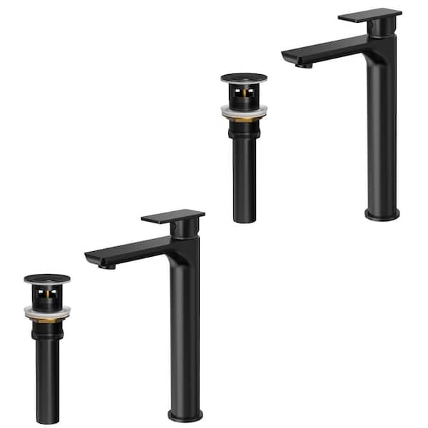 12 in. Faucet Height 1-Handle Single Hole Bathroom Vessel Sink Faucet in Matte Black with Pop-Up Drain (2-Pack)