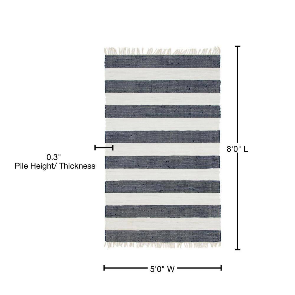 Handmade Navy Blue Rectangular Braided Stripe Rug